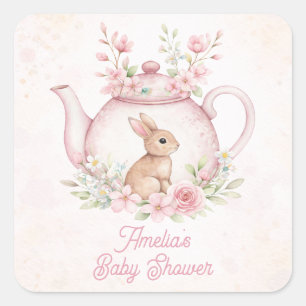 Waterverf Konijn Theepot Bloemige Baby Shower Vierkante Sticker