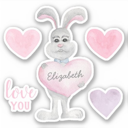 Waterverf konijntje en harten. Valentijnsdag Liefd Sticker (Voorkant)