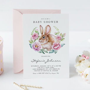 Waterverf konijntje en roze bloemen Baby shower Kaart