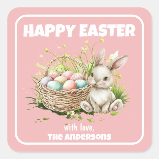 Waterverf konijntje + mand|Happy Easter Vierkante Sticker (Voorkant)