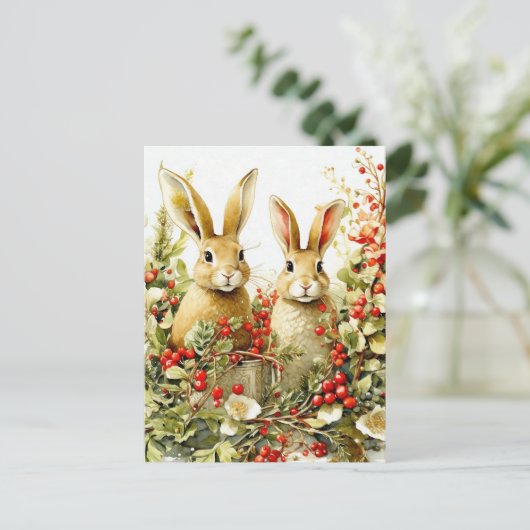 Waterverf konijntjes en wilde bessen briefkaart (Staand voorkant)
