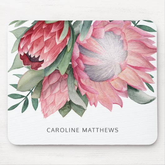 Waterverf Koning Protea Boeket Botanisch met Naam Muismat (Voorkant)