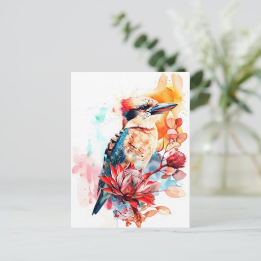 Waterverf Kookaburra over Protea Briefkaart (Staand voorkant)