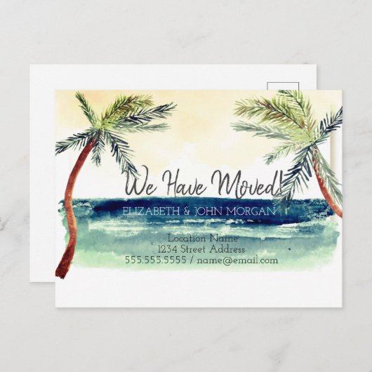 Waterverf Kool Beach Palm Moving Aankondigingskaart (Voorkant / Achterkant)