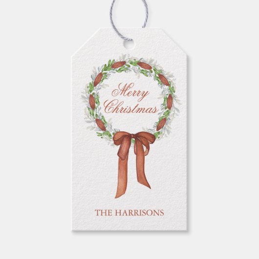 Waterverf koperen boog lint krans kerst cadeaulabel (Voorkant)