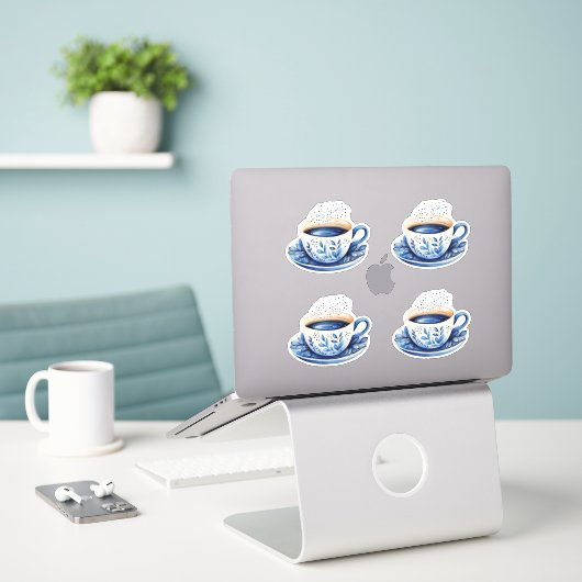 Waterverf Kopjes 5 Blauw Sticker (Laptop op bureau)