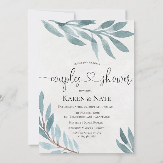 Waterverf Koppels Douche Botanische Uitnodiging (Voorkant)