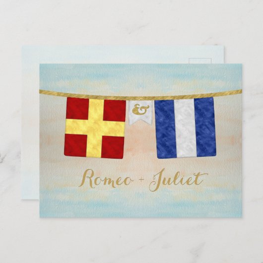 Waterverf koppels monogram maritieme signaalvlagge briefkaart (Voorkant / Achterkant)