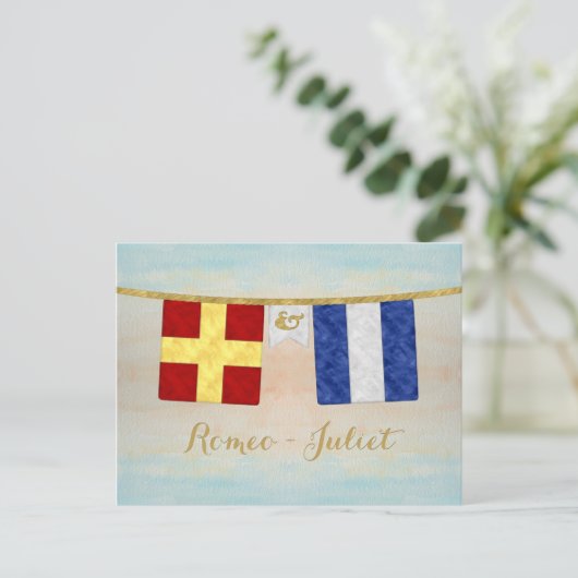 Waterverf koppels monogram maritieme signaalvlagge briefkaart (Staand voorkant)