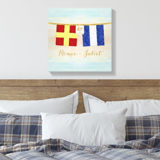 Waterverf koppels monogram maritieme signaalvlagge canvas afdruk (Insitu (Slaapkamer))