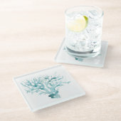 Waterverf koraal - blauw glazen onderzetter (Schuin)