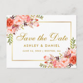 Waterverf Koraal Bloem Goud Save the Date Aankondigingskaart (Voorkant)