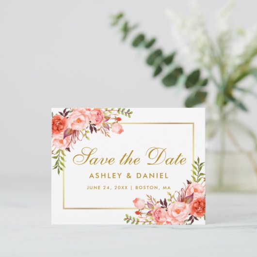 Waterverf Koraal Bloem Goud Save the Date Aankondigingskaart (Staand voorkant)