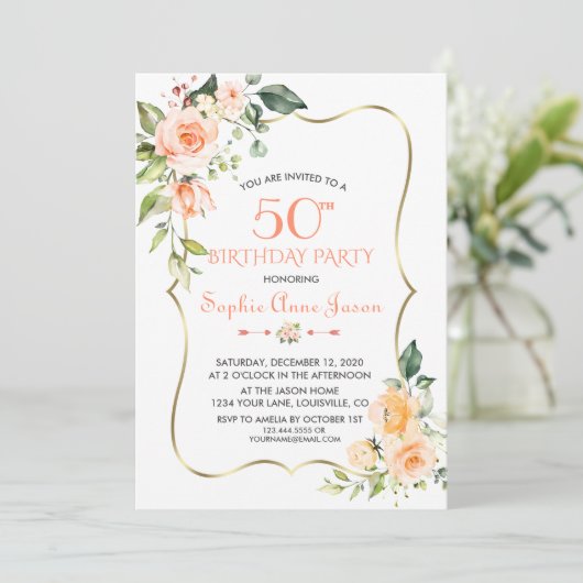 Waterverf Koraal Bloem Gouden Lijst 50e Verjaardag Kaart (Staand voorkant)