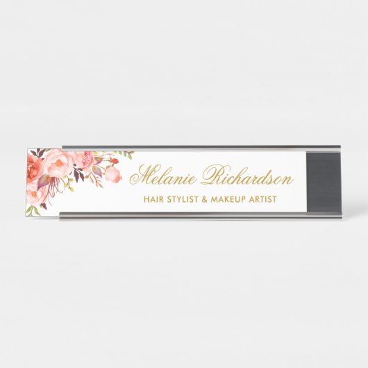 Waterverf Koraal Bloemen Goud Naam Bord Bureau Naambordje (Voorkant)