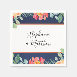 Waterverf Koraal Bloemen Navy Blue Wedding Servet