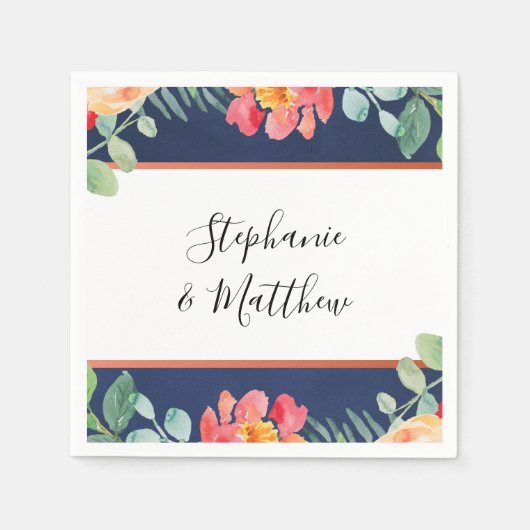 Waterverf Koraal Bloemen Navy Blue Wedding Servet (Voorkant)