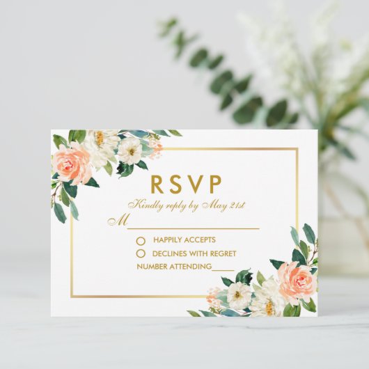 Waterverf koraal bloemengoud bruiloft RSVP (Staand voorkant)