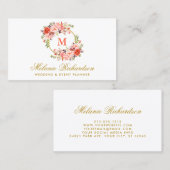 Waterverf koraal bloemengoud monogram visitekaartje (Voorkant / Achterkant)