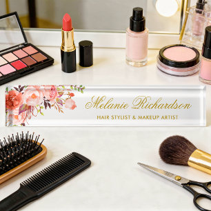 Waterverf koraal bloemengoud naambordje