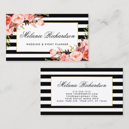 Waterverf koraal bloemig elegant zwart gestreept visitekaartje (Voorkant / Achterkant)