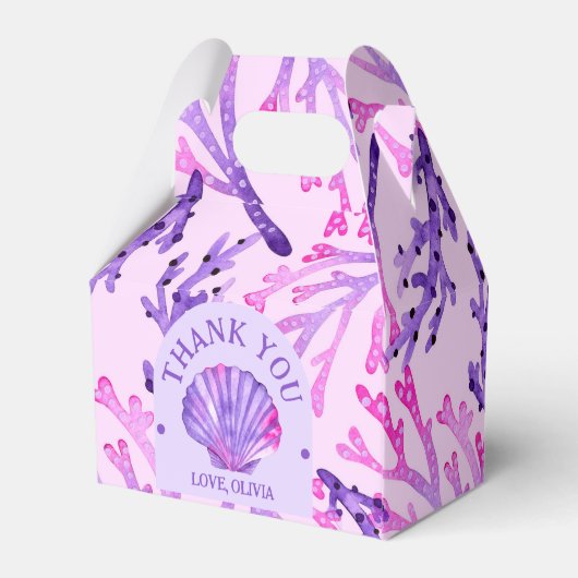 Waterverf Koraal en Zee Shell in Roze & Paarse Bedankdoosjes (Achterkant)