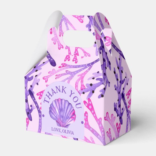 Waterverf Koraal en Zee Shell in Roze & Paarse Bedankdoosjes (Voorkant Zijde)