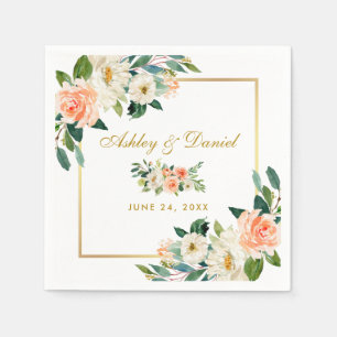 Waterverf Koraal Floral Gold Lijst Wedding Servet
