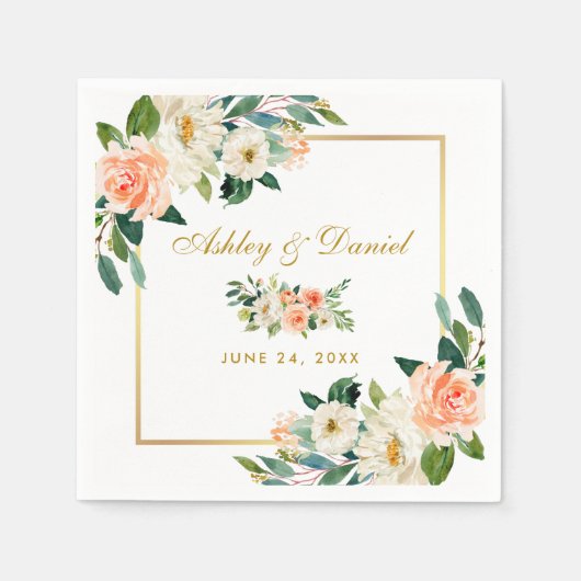 Waterverf Koraal Floral Gold Lijst Wedding Servet (Voorkant)