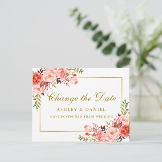 Waterverf koraal Floral verander de datum goud Briefkaart (Staand voorkant)