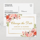Waterverf koraal Floral verander de datum goud Briefkaart (Voorkant / Achterkant)