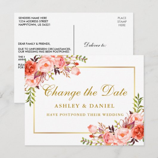 Waterverf koraal Floral verander de datum goud Briefkaart (Voorkant / Achterkant)
