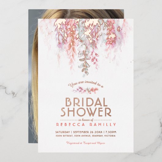 Waterverf koraal groen goud vrijgezellenfeest foto folie uitnodiging (Voorkant / Achterkant)