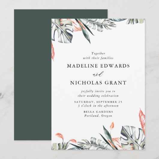 Waterverf Koraal & Groene Tropische bladeren Bruil Kaart (Voorkant / Achterkant)