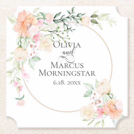 Waterverf Koraal Ivoor Bloeit en Foliage Kartonnen Onderzetters (Voorkant)