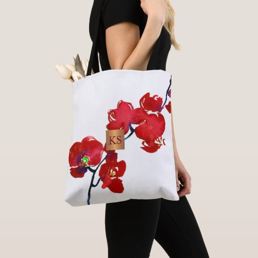 Waterverf koraal orchidee metallic koper monogram tote bag (Dichtbij)