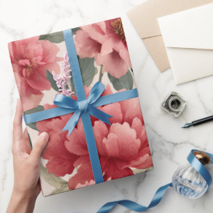 Waterverf Koraal Pioenroom Bloemmotief Cadeaupapier