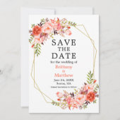 Waterverf Koraal Roos Floral Gold Geo Lijst Save The Date (Voorkant)
