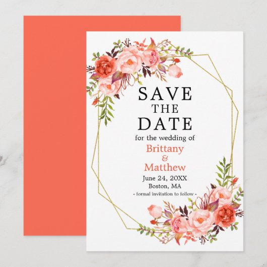 Waterverf Koraal Roos Floral Gold Geo Lijst Save The Date (Voorkant / Achterkant)