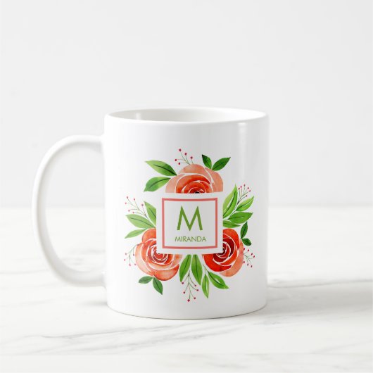 Waterverf koraal Rozen gepersonaliseerd monogram Koffiemok (Links)