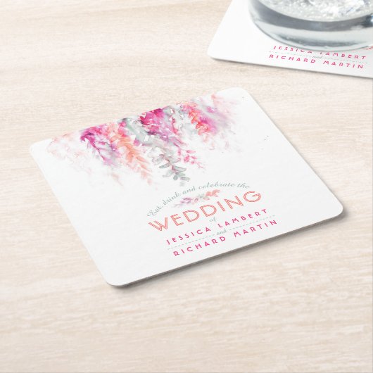 Waterverf koraal sinaasappel roze aangepaste bruil kartonnen onderzetters (Schuin)