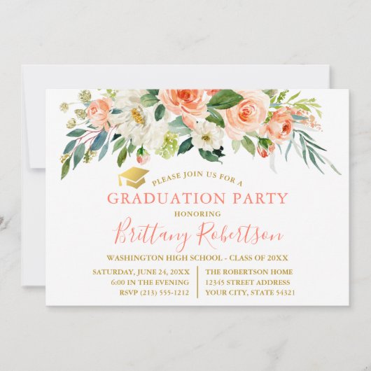 Waterverf Koraal Wit Bloemen Goud Afstudeerder Par Kaart (Voorkant)