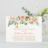 Waterverf Koraal Wit Bloemen Goud Afstudeerder Par Kaart (Staand voorkant)
