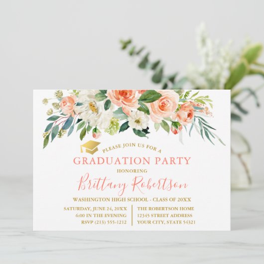 Waterverf Koraal Wit Bloemen Goud Afstudeerder Par Kaart (Staand voorkant)