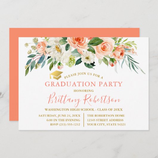 Waterverf Koraal Wit Bloemen Goud Afstudeerder Par Kaart (Voorkant / Achterkant)