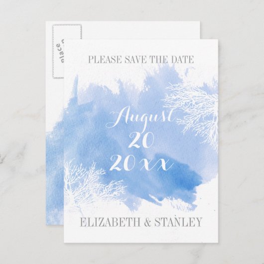 Waterverf koraalrif blauwe bruiloft Sla datum op Aankondigingskaart (Voorkant / Achterkant)