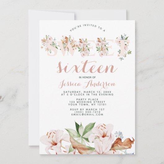 Waterverf Koraalroze Floral Sweet Sixteen Kaart (Voorkant)