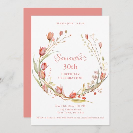 Waterverf Koraaltulpen 30e verjaardagsfeest Kaart (Voorkant / Achterkant)