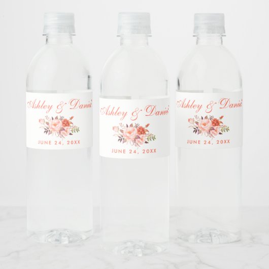 Waterverf Koral Floral Wedding Waterfles Etiket (Flessen)