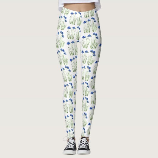 Waterverf Kornbloemen Wildbloemen Blauwe Floral Leggings (Voorkant)